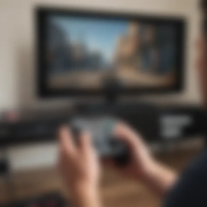 Person connecting Nintendo Switch console to a TV for enhanced gaming experience