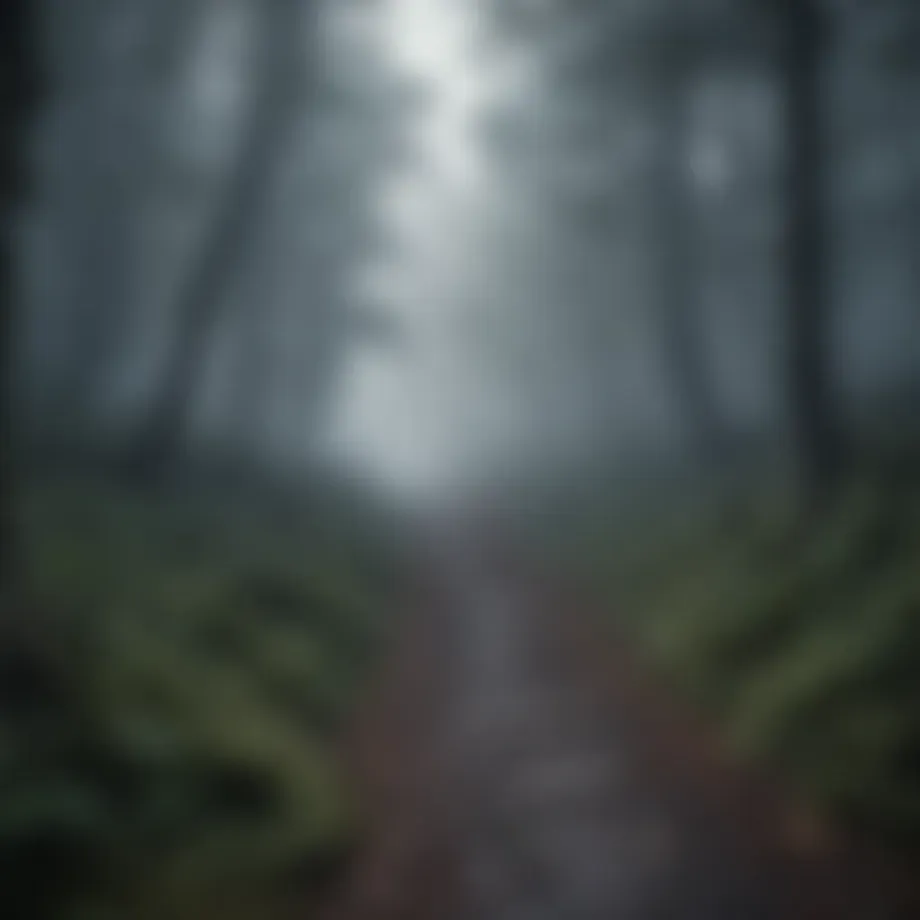 A dark, eerie forest path shrouded in mist, evoking a sense of dread.