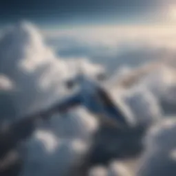 A stunning aerial view of a virtual aircraft soaring through the clouds