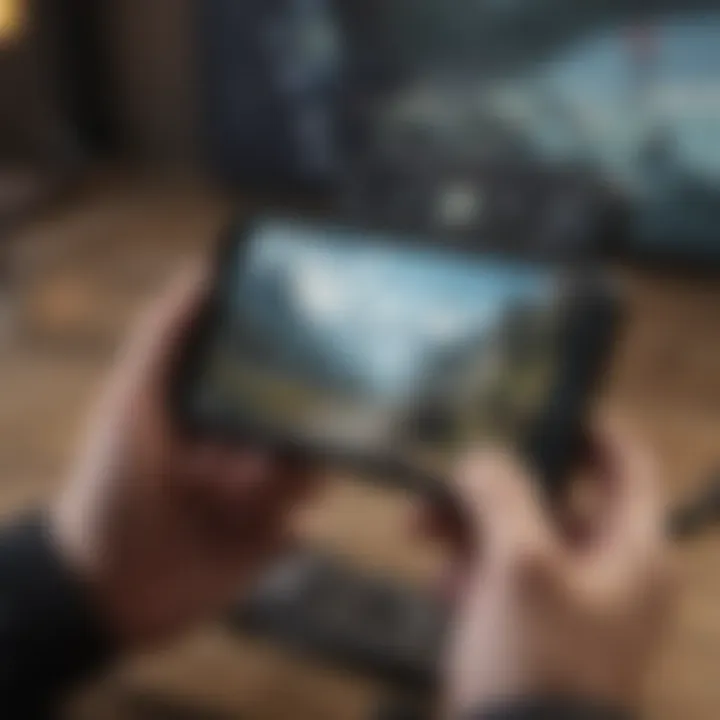 Close-up of a rugged phone's screen displaying a mobile game in action