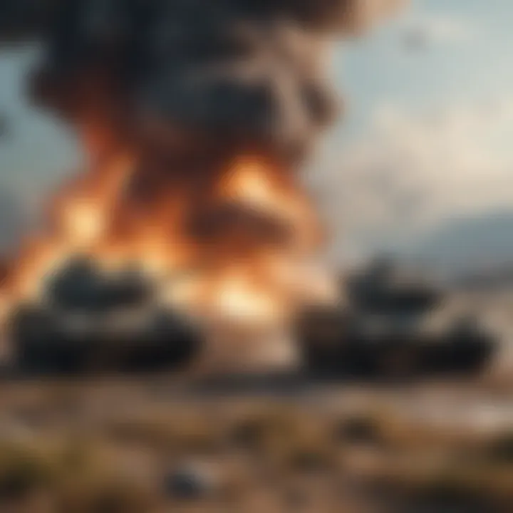 Explosions and chaos on a battlefield with tanks and aircraft