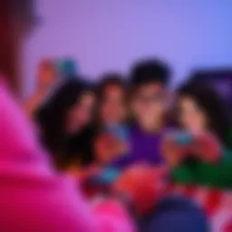 A vibrant group of friends engaged in gaming on iPhones