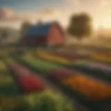 Vibrant farm landscape showcasing diverse crops and animals