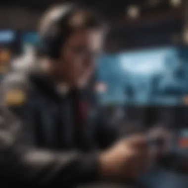 Gamer in Action A gamer engrossed in gameplay on a mobile device in a vibrant gaming setup