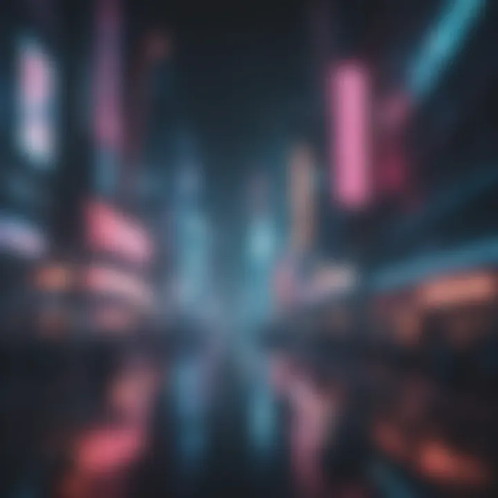 Cyberpunk cityscape with neon lights and digital displays