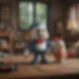 Artistic depiction of Cuphead and Mugman toys in a mobile gaming setting