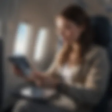 A traveler enjoying a mobile puzzle game on a tablet in an airplane seat