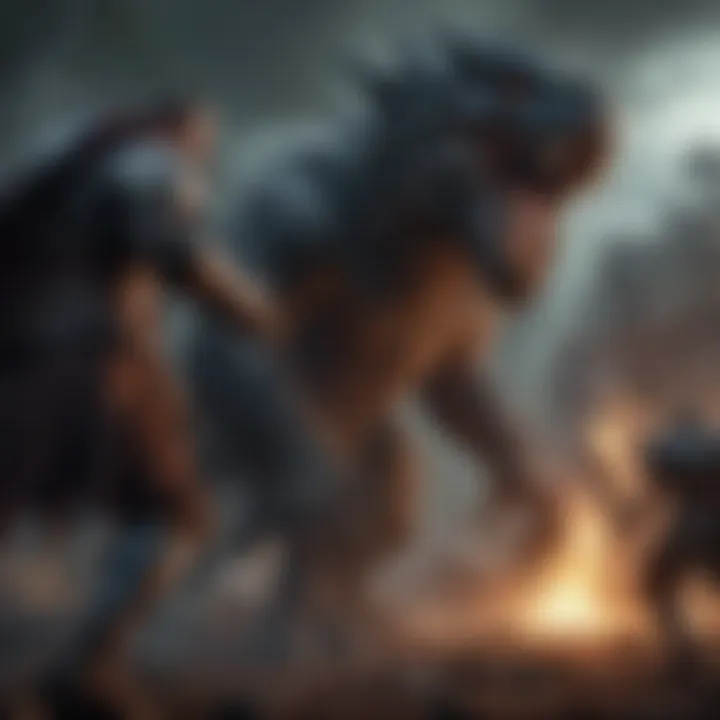 Epic battle scene with heroes facing off against menacing monsters