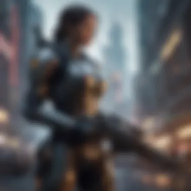Futuristic Warrior Gaming Experience Warrior with futuristic weapon in virtual landscape