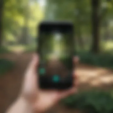 A smartphone displaying location-based game interface in a park