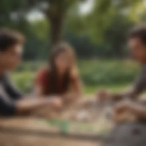 Group of friends engaged in a board game outdoors