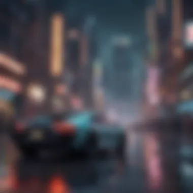 Futuristic cityscape with neon lights and flying cars