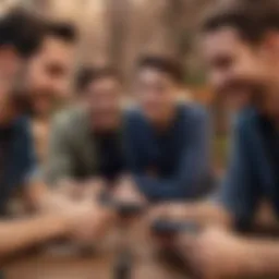 Gathering of friends immersed in mobile gaming