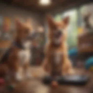 Colorful pet game characters interacting in a vibrant virtual environment
