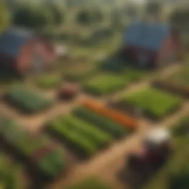 A colorful virtual farm landscape showcasing diverse crops and animals.