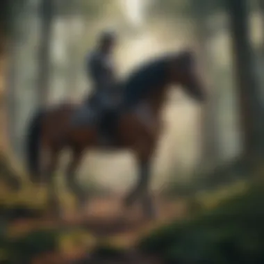 An artistic rendering of a horse and rider exploring a mystical forest in a fantasy game