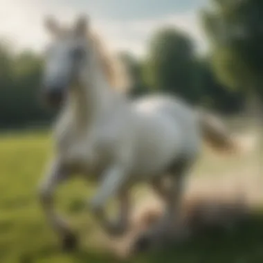 A majestic white horse galloping through a lush green field