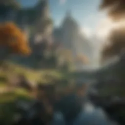An open world exploration scene reminiscent of fantasy landscapes
