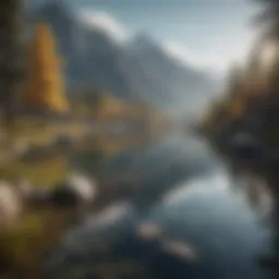 A serene landscape featuring a tranquil lake surrounded by mountains.