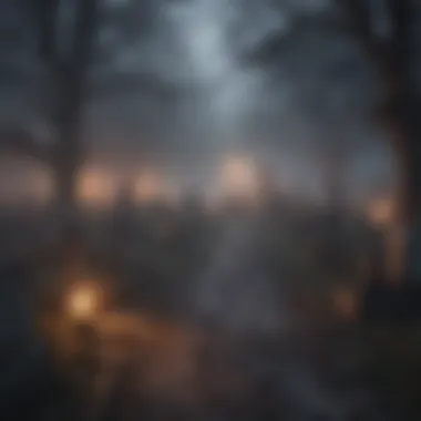 Mysterious fog-covered graveyard setting with eerie ambiance