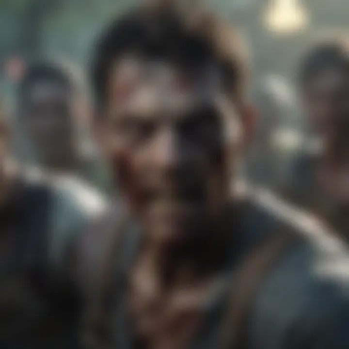 Intense close-up of a protagonist battling against a swarm of zombies