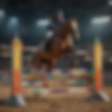 Equine Showtime Spectacle Virtual horse jumping over colorful obstacles in an arena