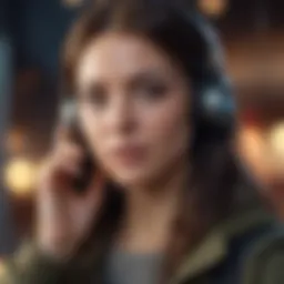 A person engaged in mobile gaming while communicating with friends via voice call.
