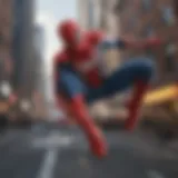 Spider-Man swinging through a vibrant cityscape