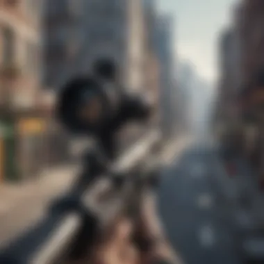 Sniper aiming through urban cityscape