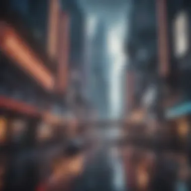 A futuristic cityscape in a mobile adventure game, highlighting industry trends.