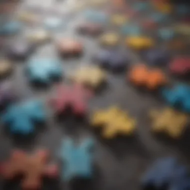 A colorful array of puzzle pieces scattered across a surface, showcasing various shapes