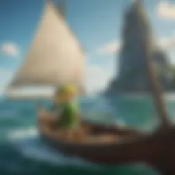 Artistic representation of Link sailing across the Great Sea in Wind Waker
