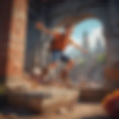 Jumping Through Absurdity A cartoon-style character jumping over absurd obstacles in a colorful game environment