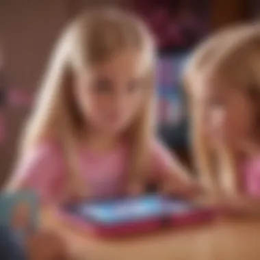 Children playing with Barbie dolls alongside a tablet featuring a Barbie game app.