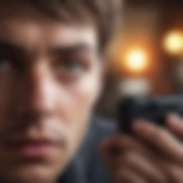 Close-up of a player's intense focus on a mobile game screen