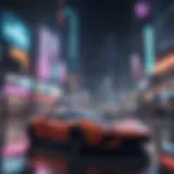 Virtual cityscape with neon lights and futuristic buildings