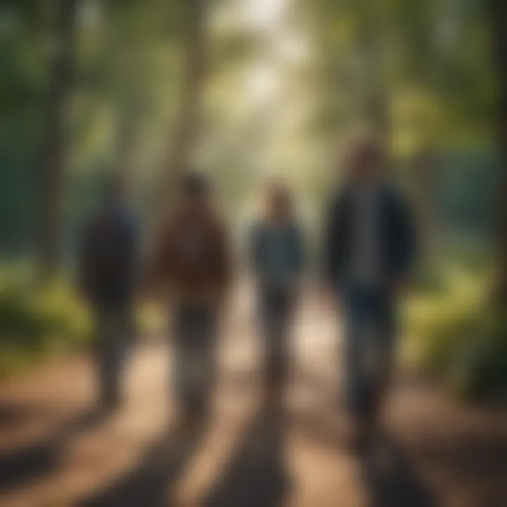 A group of friends enjoying outdoor walking games in a park