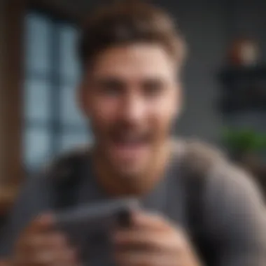 Excited gamer playing Fortnite on a smartphone