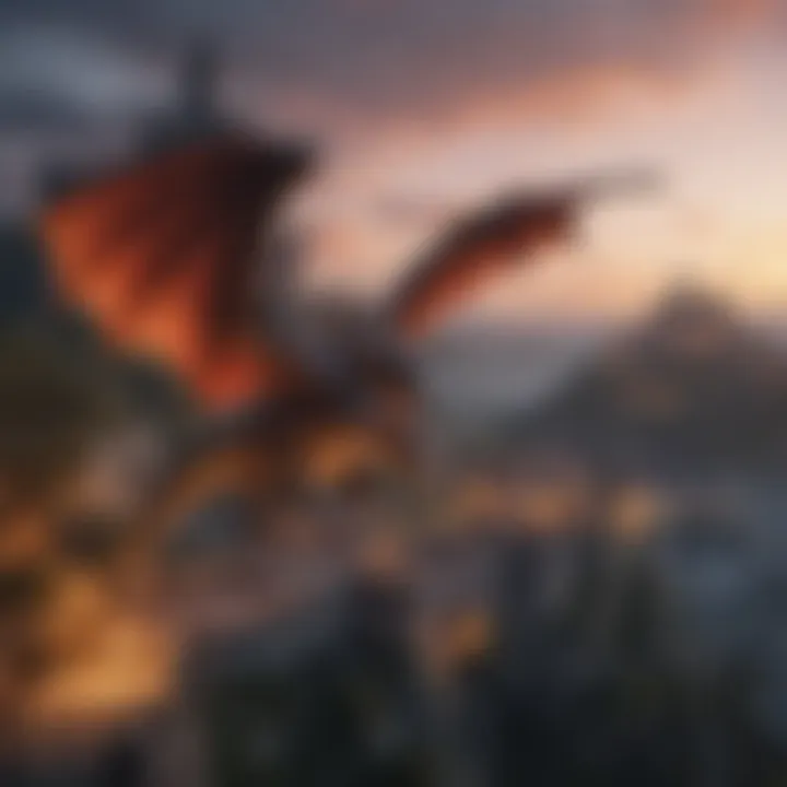 Dragons soaring over a medieval castle at dusk