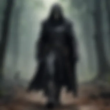 Grim reaper-like figure looming ominously in the background as a lone adventurer presses forward with determination