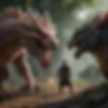 Courageous Confrontation with Legendary Beasts Heroic party facing a menacing dragon