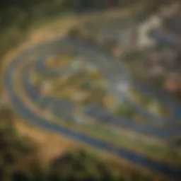 A colorful aerial view of a Mario Kart racing track with vibrant landscapes