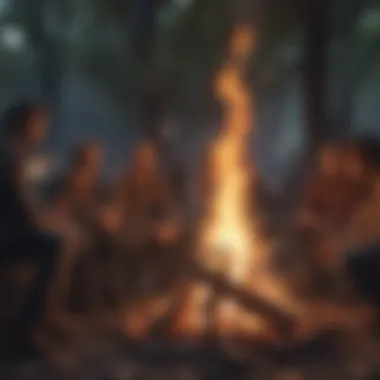 Mobile gaming community gathering around a virtual bonfire