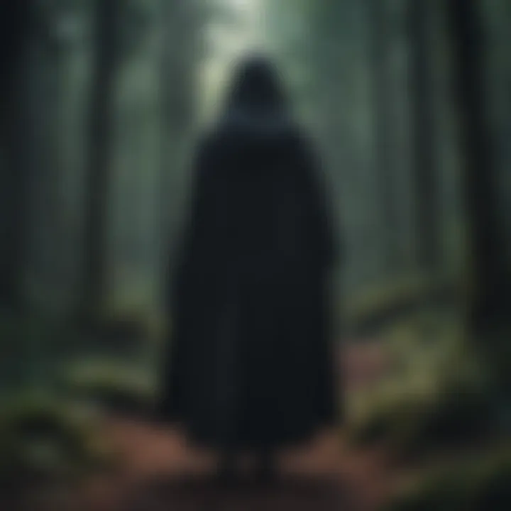 Mysterious hooded figure in a dark forest