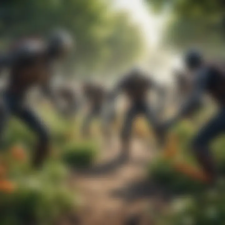 Artistic representation of zombie horde approaching a defensive line of plants