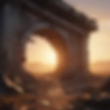 Elegy of a Fallen World Ruined structures against a backdrop of a setting sun
