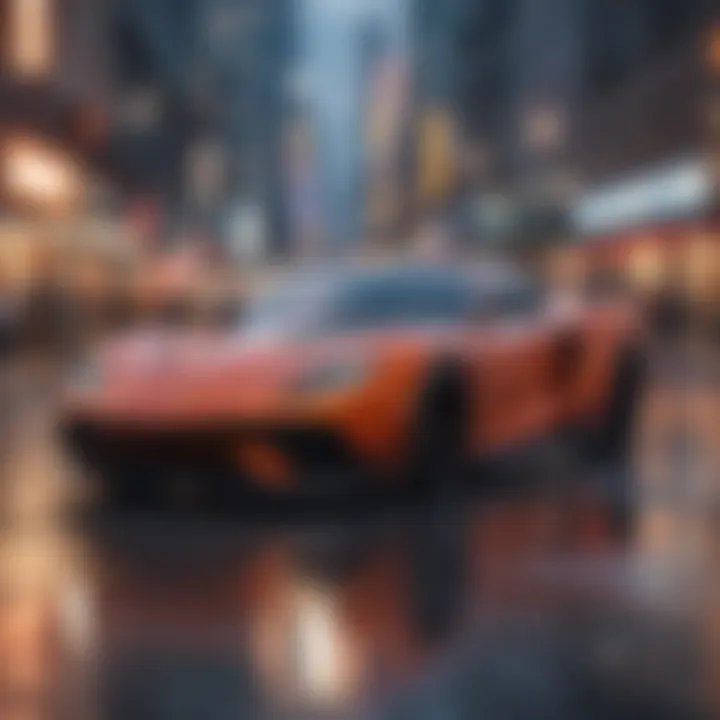 Sleek sports car racing through a dynamic city environment