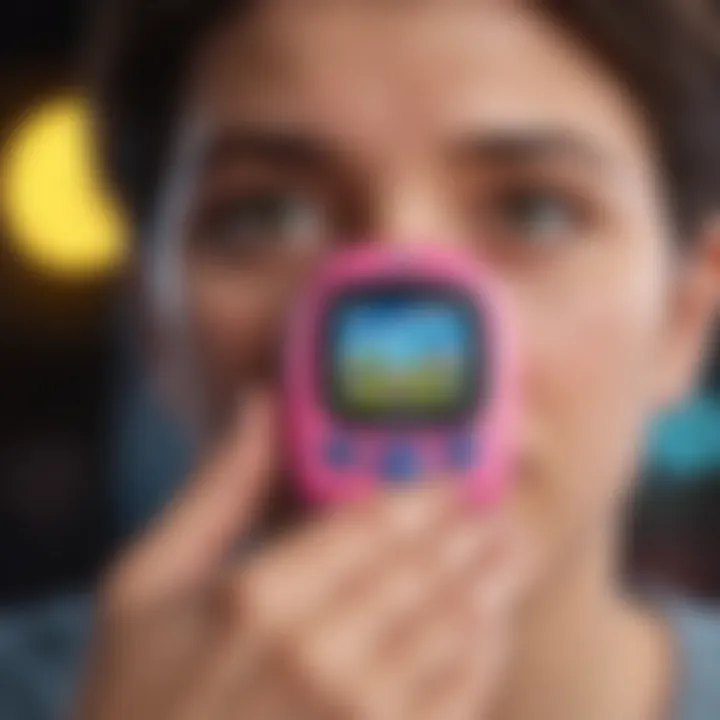 Close-up of a user interacting with a colorful Tamagotchi Pix device